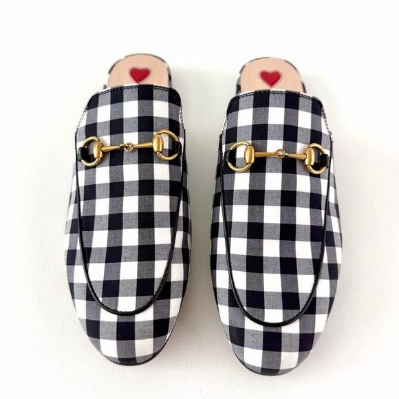 GUCCI | Black & White Gingham Check Princetown Horsebit Mules Loafers Flats 38.5 - Picture 3 of 13